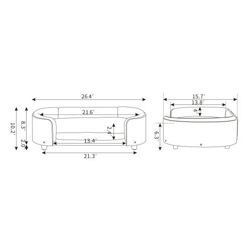 Technical diagram of small Scandinavian Elevated Dog Bed with detailed measurements of frame width, height, and cushion area for accurate fit.