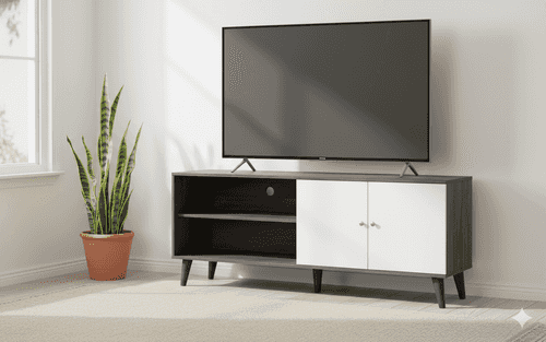Modern Amidon TV stand with black and white storage cabinets, open shelves, and a flat-screen TV in a bright living room