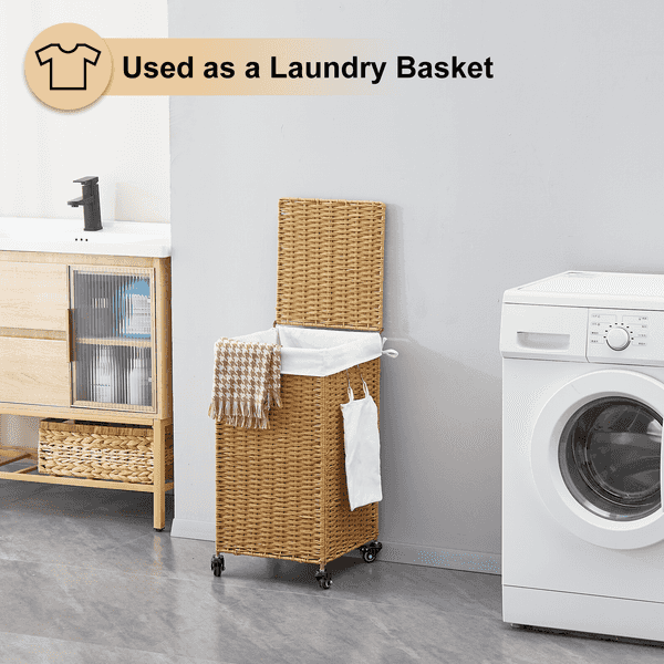 Wicker laundry basket used as a storage solution in a laundry room with a washing machine and wooden cabinet.