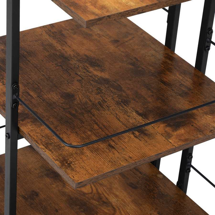 Close-up of wooden shelves on salon cart with black metal structure