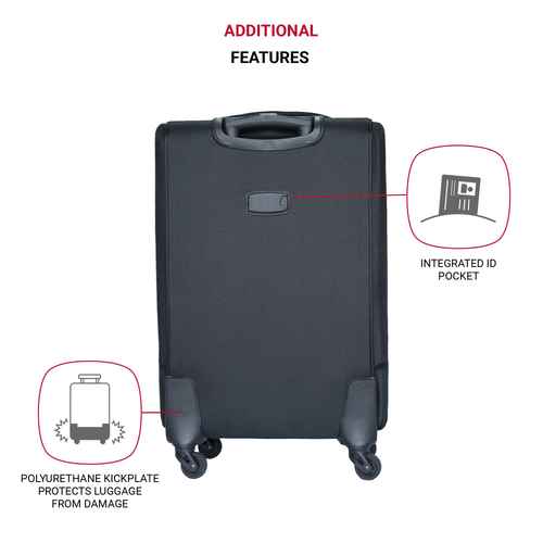 Black suitcase with integrated ID pocket and polyurethane kickplate features highlighted on a white background.