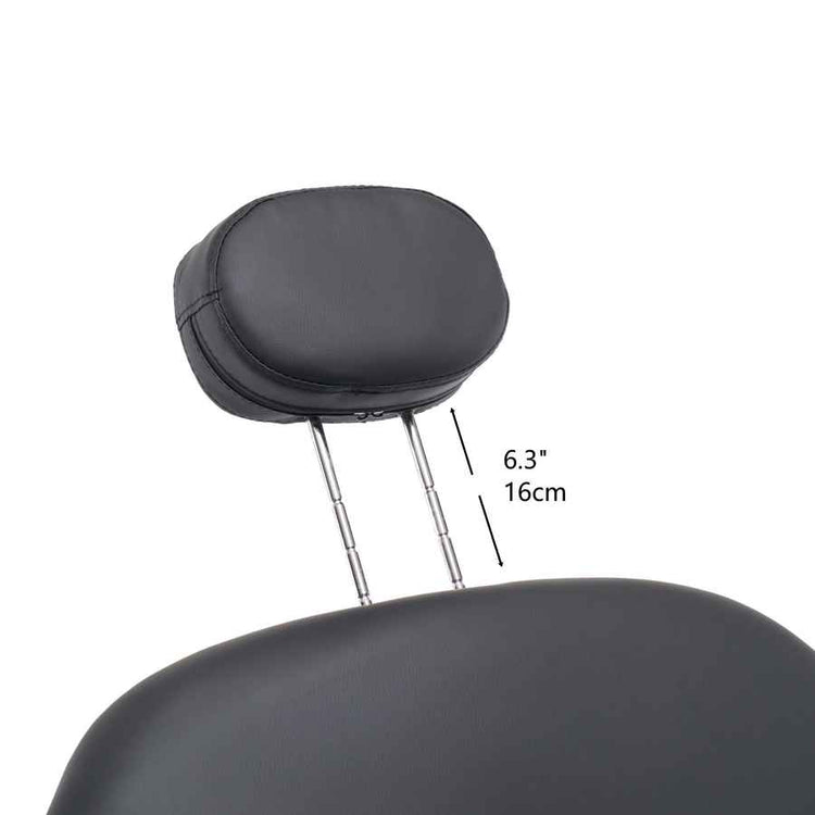 Top view of the black leather barber salon chair with rounded cushioned headrest, measuring 6.3 inches in height and 16 cm in diameter.