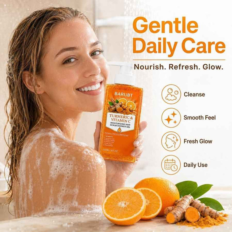 A smiling woman in a shower holds a box of BARUBT Turmeric & Vitamin C Gentle Daily Care exfoliating body wash. The image features promotional text on the right detailing benefits like &