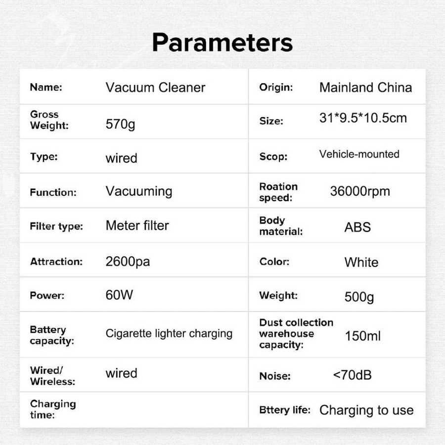 Detailed specs of HEPA Air Purifier Dust Collector vacuum cleaner including 60W power, 150ml dust capacity, and <70dB noise level.