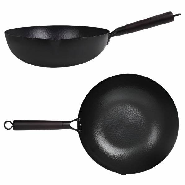 Hammered Carbon Steel 12.5-Inch Wok Pan with Lid, Black, Non-Stick, Compatible with Most Cooktops - MLNshops