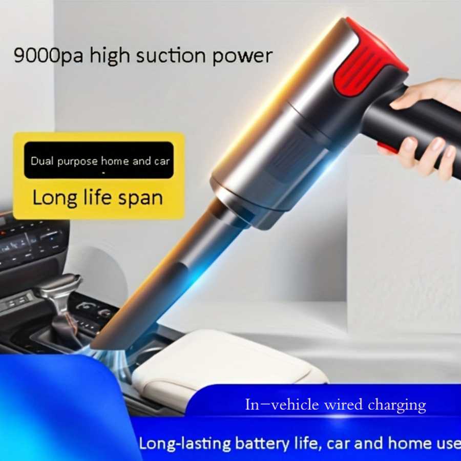 Compact Portable Car Vacuum Cleaner with dual-purpose use for home and car, showcasing wired charging and long battery life.