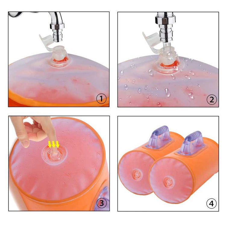 Step-by-step guide to filling the Portable Water Dumbbell with water, showing easy setup for adjustable weight resistance.