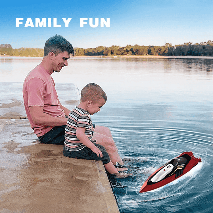 S5 RC Boat for Pools and Lakes - S5 RC boat enjoyed by father and son at lakeside, promoting family fun and outdoor bonding.