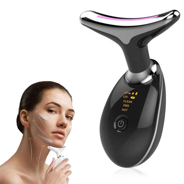 Black facial device with digital display held by a woman on a white background