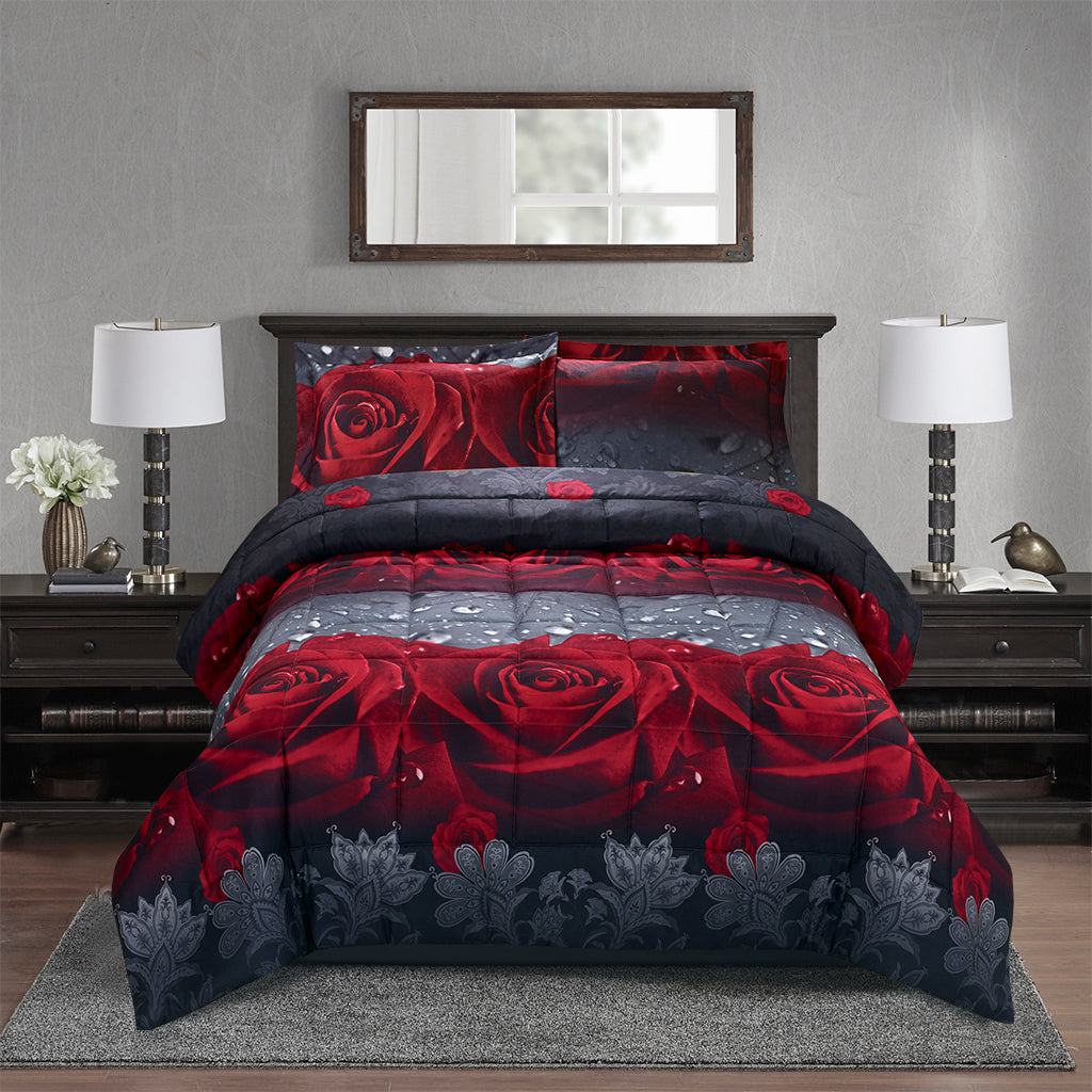 3D Comforter Set with red rose design and microfiber material displayed in a modern bedroom, perfect for romantic home decor.