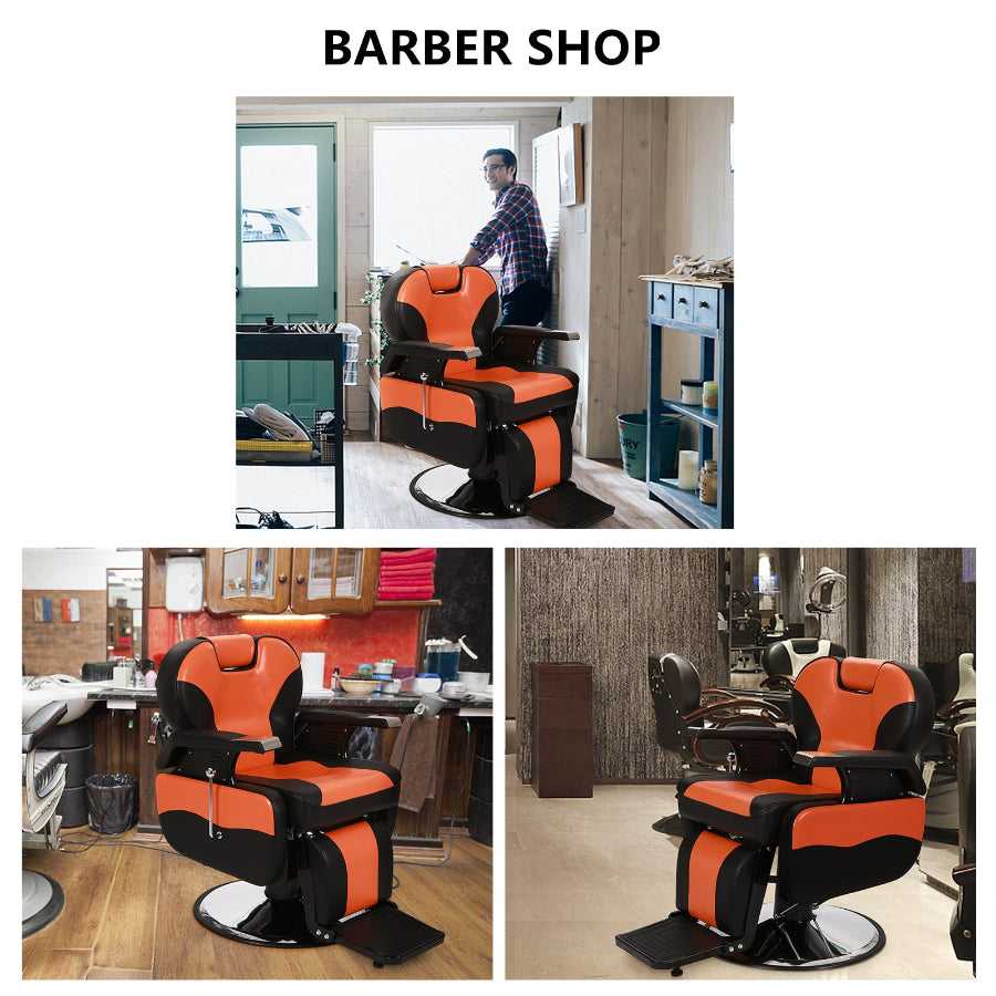 Barber chair with leather cover shown in various salon environments, emphasizing its professional look and functional design.