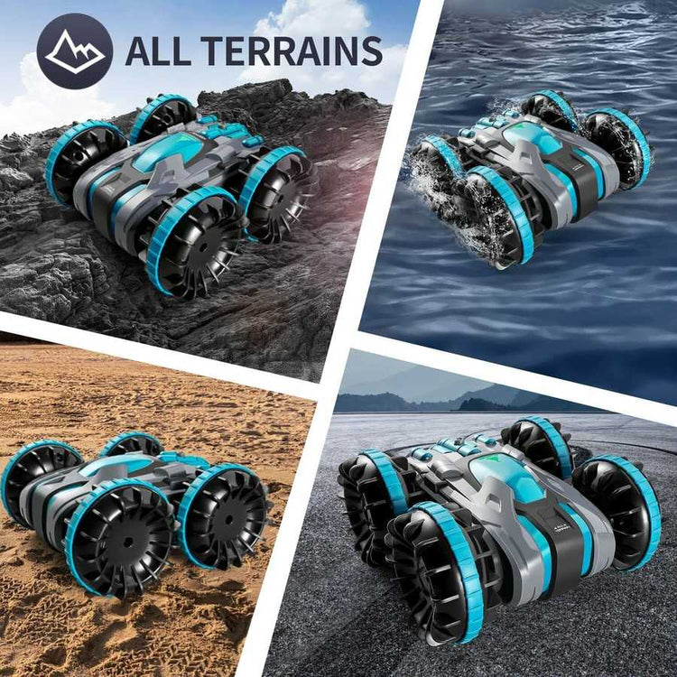 4D C9 Amphibious RC Car for Kids driving across sand, rocks, and water, showcasing all-terrain capability in 360° stunt RC car toys.