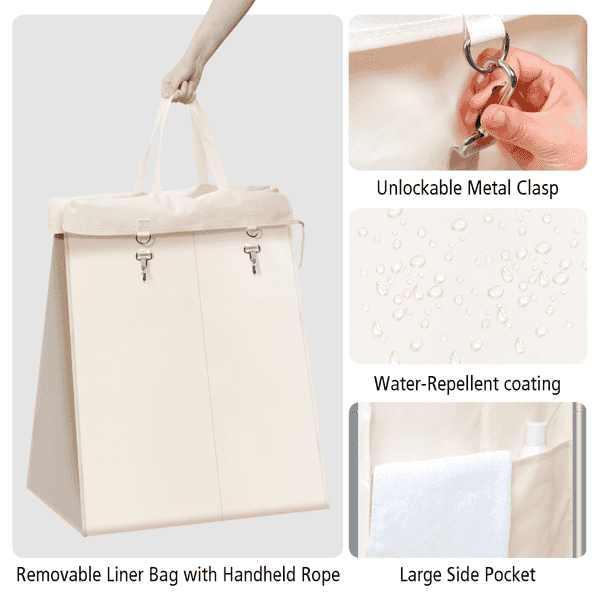 A beige removable liner bag with a handheld rope handle is shown on a light gray background, alongside feature callout panels: an unlockable metal clasp, water-repellent coating with droplets, and a large side pocket holding a white towel. Text labels describe the bag features.