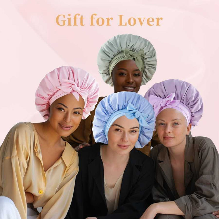 Silk sleep bonnets for women in pastel colors, adjustable fit, double layer design, hair care accessories