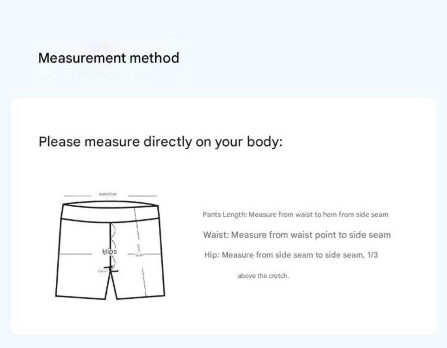 Measurement guide for Yoga Shorts Tummy Control - High Waist showing how to measure waist, hips, and pants length on the body.