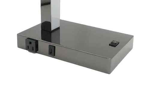 Close-up of LED Desk Lamp base showing USB port, power outlet, and on/off switch, highlighting modern convenience and utility.