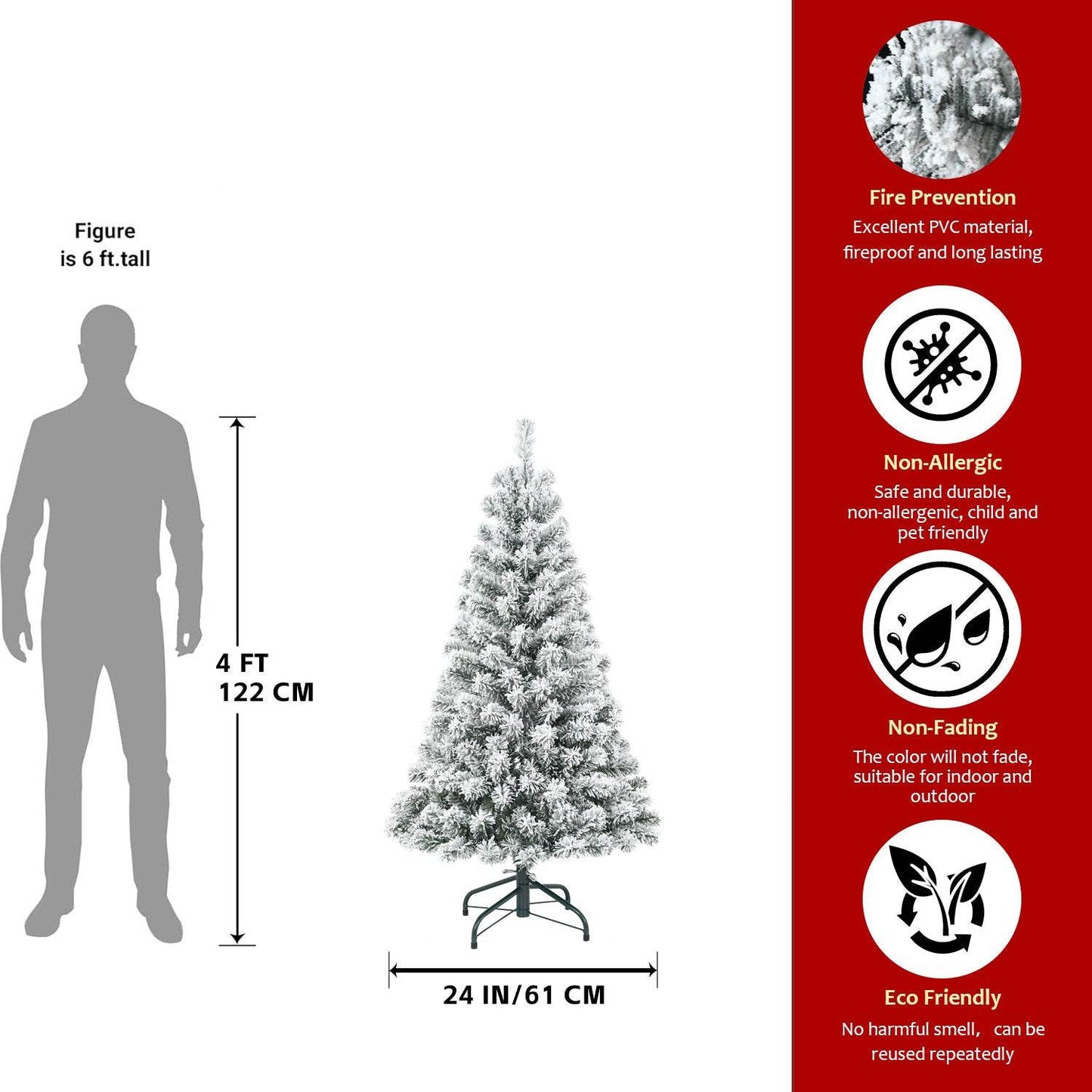 4FT Flocked Christmas Tree – Snowy PVC Artificial Holiday Tree with 233 Tips, Compact Full Shape, Sturdy Metal Stand, Christmas Tree for Home, Office, or Apartment Decoration