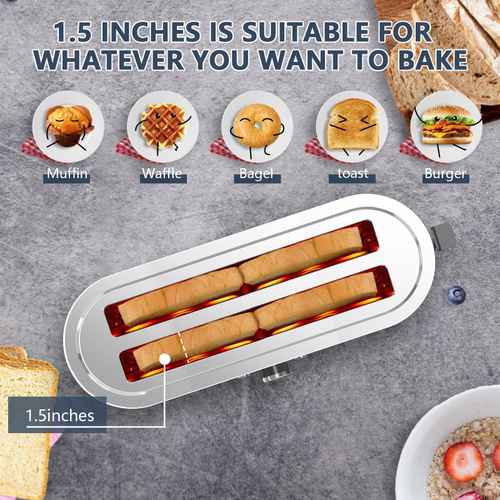 Top view of 4-Slice Stainless Steel Toaster with 1.5-inch wide slots, suitable for muffins, waffles, bagels, and burgers.
