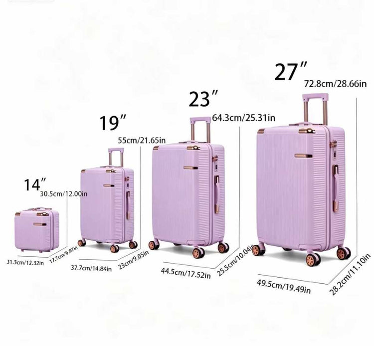 Purple luggage set size diagram, 14, 19, 23 and 27 inch