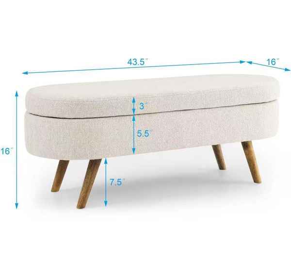 Beige ottoman with wooden legs and measurements on a white background