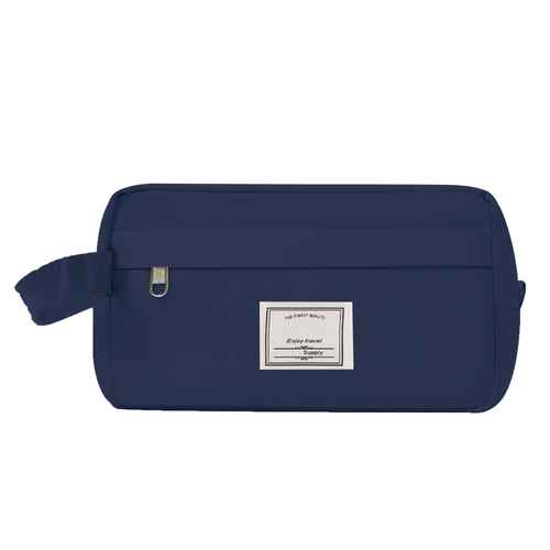 Navy blue toiletry bag with a label on a white background