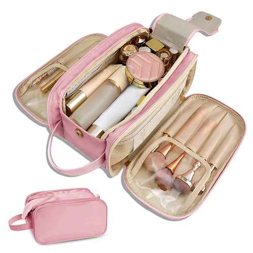 Travel makeup bag with multiple compartments, organized with cosmetics, brushes, and skincare products