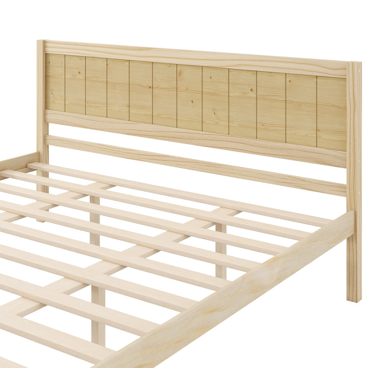 Light natural wood bed frame with a slatted headboard and matching slatted base, shown on a plain white background.