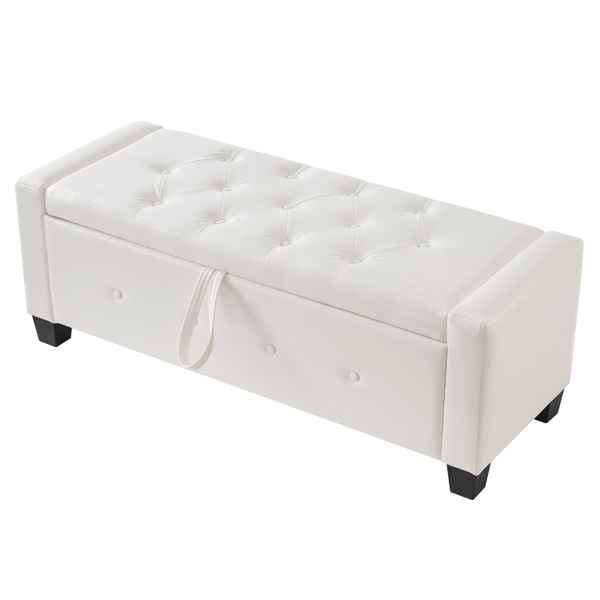 White tufted storage bench on a white background