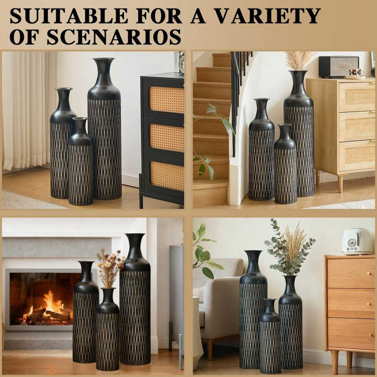 Multiple home settings showcasing black floor vases set of 3, emphasizing versatility for modern and cozy interiors.
