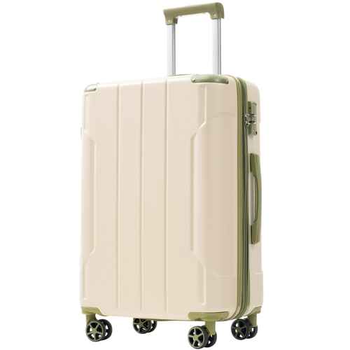 A hard-shell spinner suitcase in cream with sage green trim, featuring an extended telescopic handle and four multi-directional wheels, shown on a solid white background.