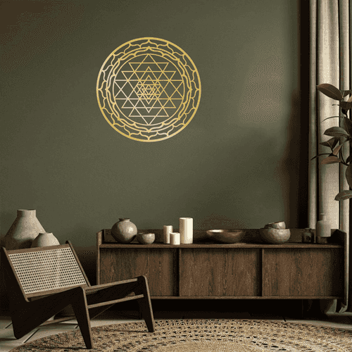 Sacred Mandala Aluminum Wall Art by CIFbuy displayed in a rustic living space with wooden furniture. Blends spiritual and earthy decor.