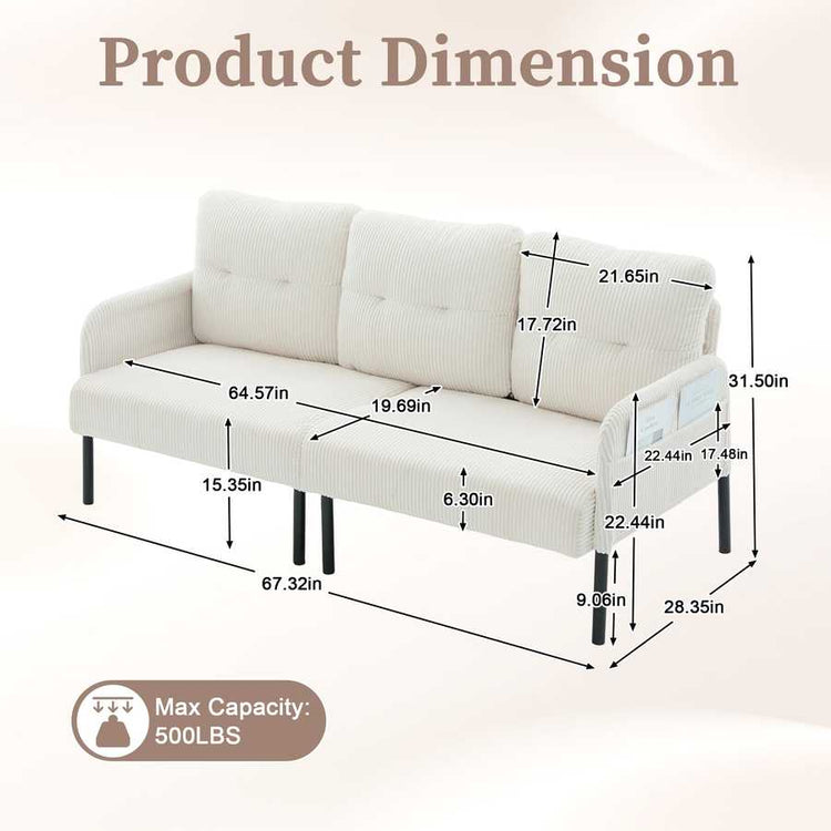 White sofa with dimensions labeled on a beige background