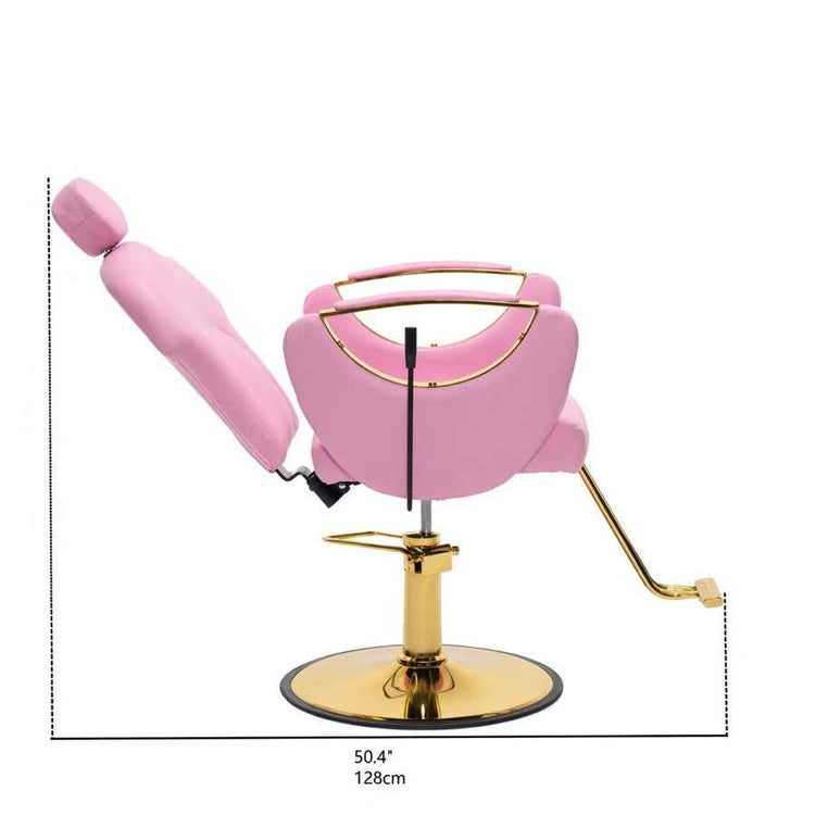 Pink salon barber chair with gold metal base and armrests, shown with dimension markings of 50.4 inches (128 cm) width on a white background.