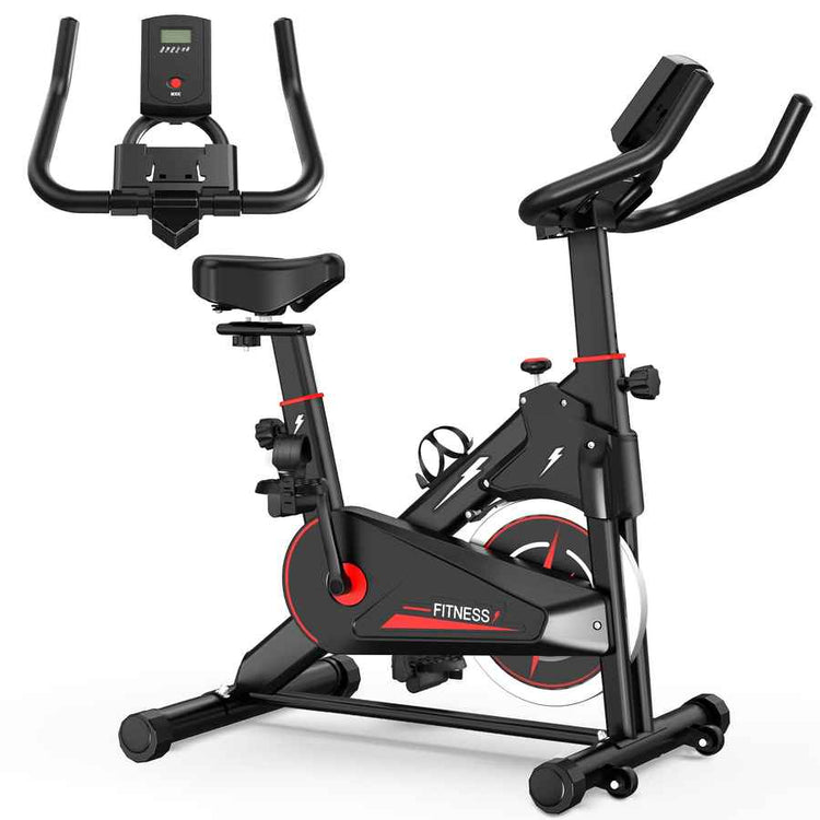 A black indoor cycling machine with blue accents, shown from two angles on a white background: one full view and one close-up of the console display attached to the handlebars.