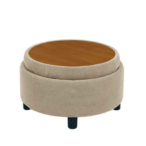 Round storage ottoman with wooden top on a white background