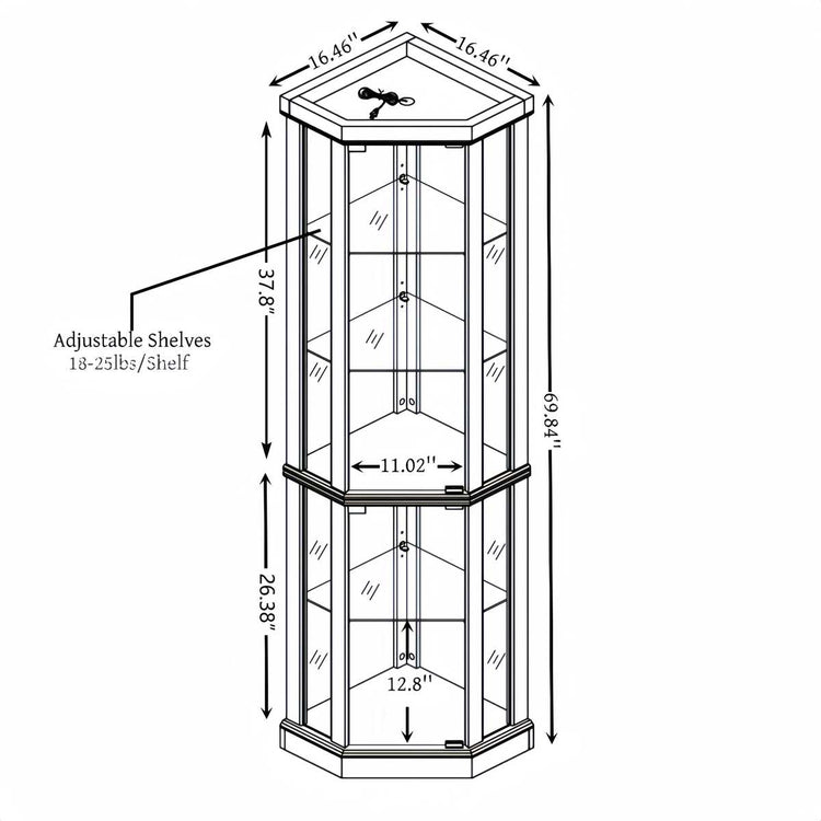 Black corner curio cabinet dimension drawing
