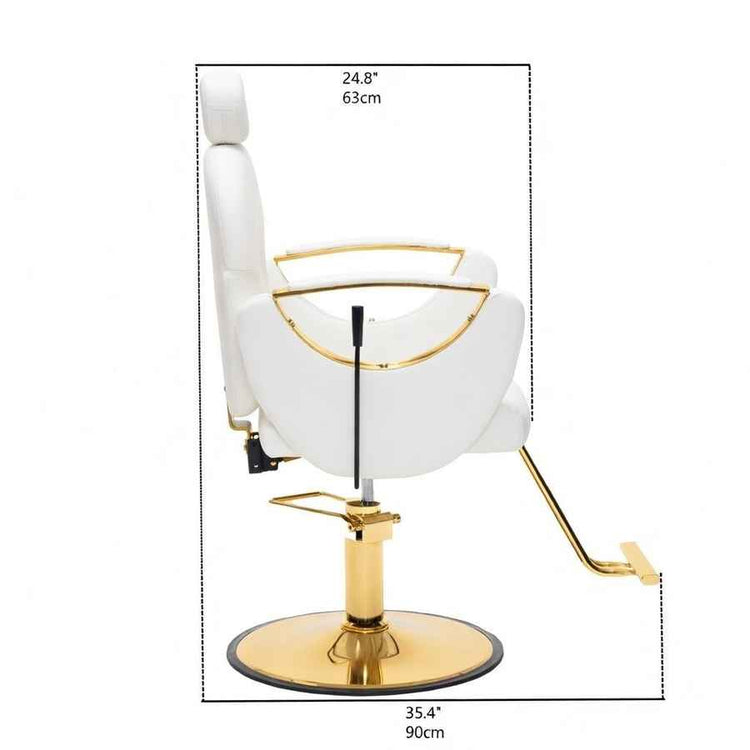 White salon barber chair with gold metal accents and a circular base, shown with dimension lines and measurements indicating 24.8 inches in height and 35.