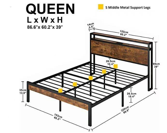 Queen Size Metal Platform Bed Frame with Wooden Headboard and Footboard with USB LINER, No Box Spring Needed, Large Under Bed Storage