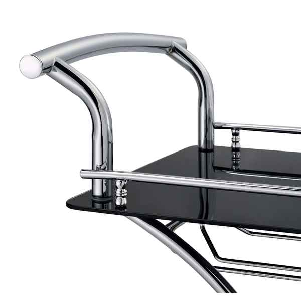 Close-up of a modern chair with chrome frame and black glass seat on a white background