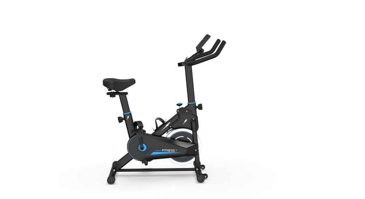Top view of black spin exercise bike with digital display, adjustable resistance, and ergonomic handlebars for home use - SKU: W2531P498306