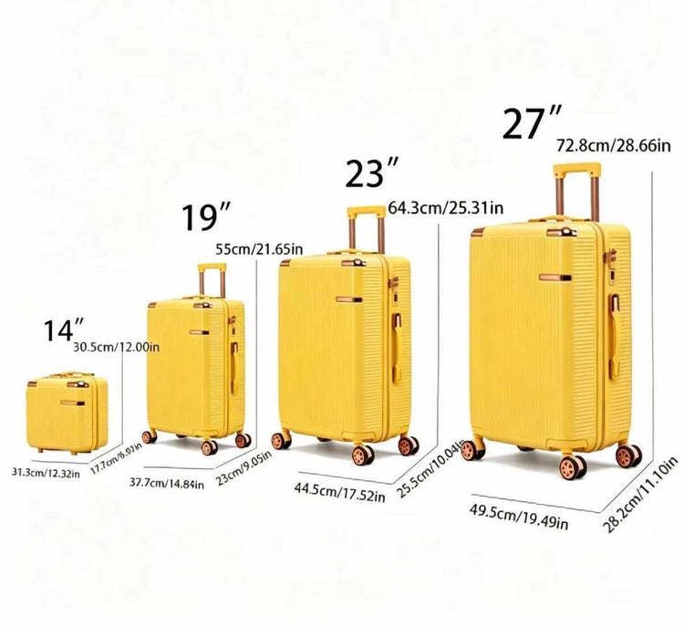 Yellow luggage set size diagram, 14, 19, 23 and 27 inch