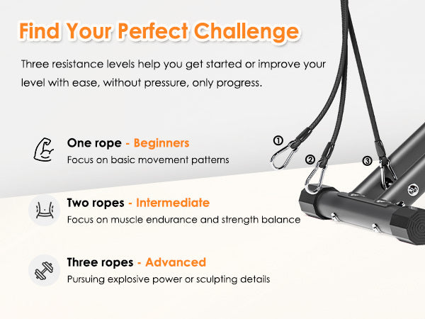 Resistance rope system on Squat Machine Home with beginner, intermediate, and advanced levels for customizable full body fitness challenges.