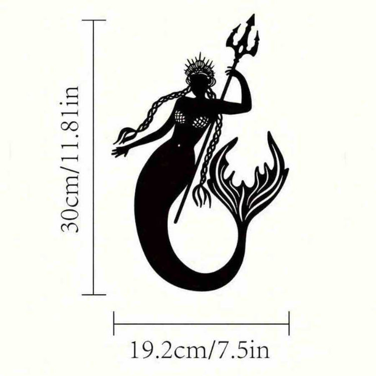 Size chart of Mermaid and Sea King Iron Relief Art showing 30cm height and 19.2cm width, ideal for small wall spaces.