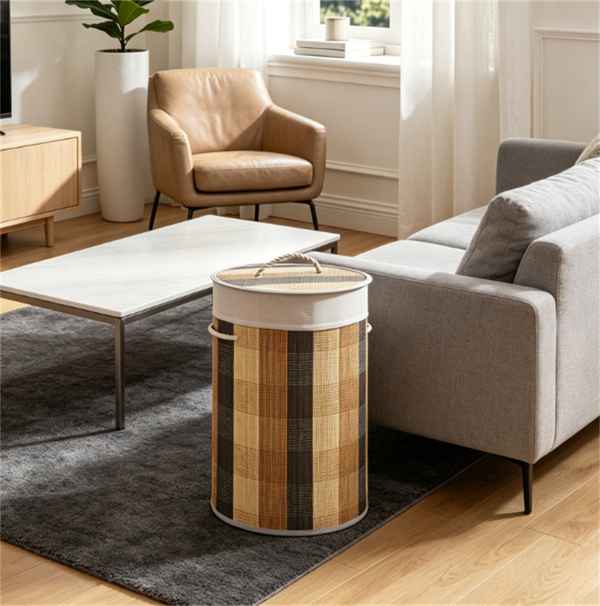A cylindrical woven storage basket with a lid, featuring a plaid pattern in natural straw, tan, and brown tones, styled in a modern living room next to a gray sofa and coffee table.