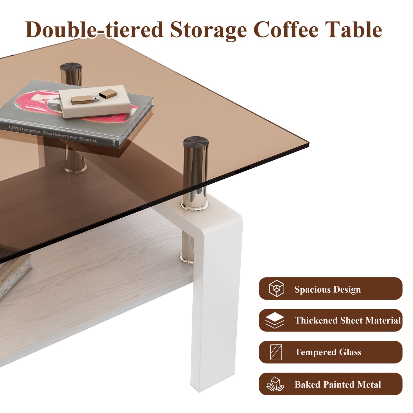 Modern Rectangular Coffee Table with Tempered Brown Glass Top and MDF Layer – Table for Living Room