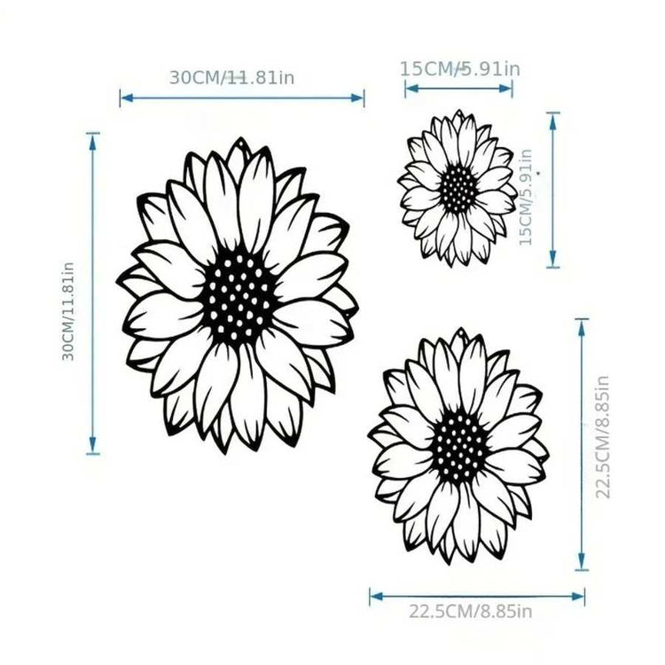 Size chart for elegant metal wall art set of 3 sunflowers. Includes dimensions for each floral piece to guide home decoration placement.