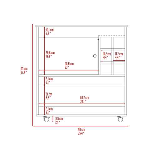 A dimension diagram of a rolling storage cabinet or utility cart, showing front and side measurements in centimeters and inches with red lines and text on a white background.