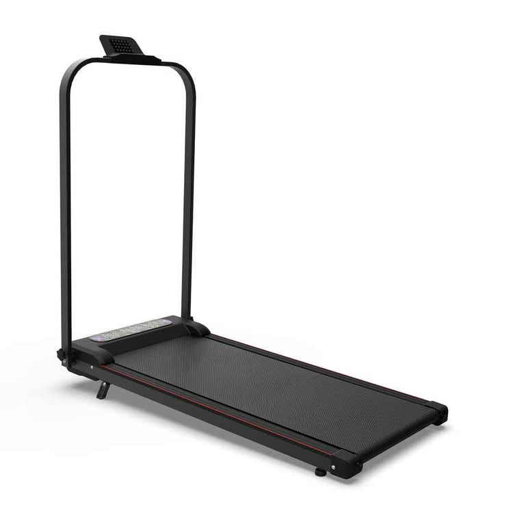 Side view of the foldable treadmill with sleek black frame, compact design, and sturdy base for home use