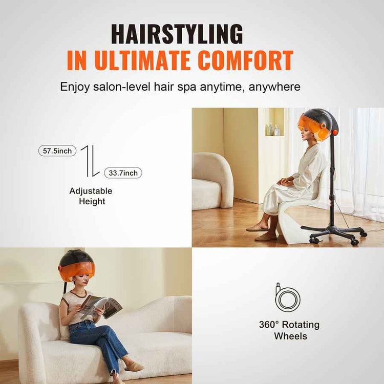 Hair styling device with adjustable height and 360-degree rotation, used by a person indoors.