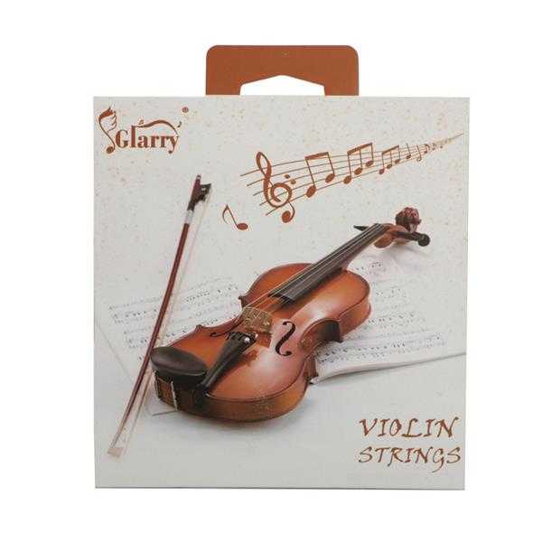 Violin with strings and bow on packaging for musical instrument accessories